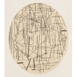 Francis Carr, Hungarian/British 1919-2013- Masts and Forest; charcoal on paper, oval, titled lower