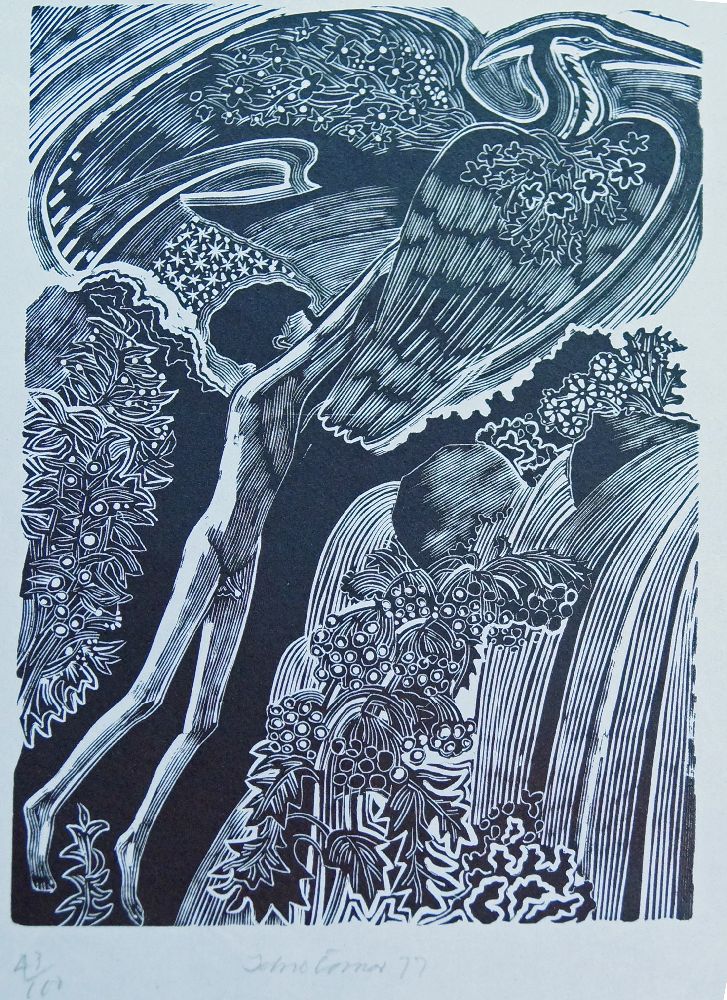John Scorror O'Connor, British 1913-2004- The Boy and Heron, 1977; woodcut on wove, signed, dated