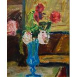 Angelo Iarusso, Italian 1923-1990- Flowers in a blue vase; oil on board, 46 x 37 cm (ARR)Please