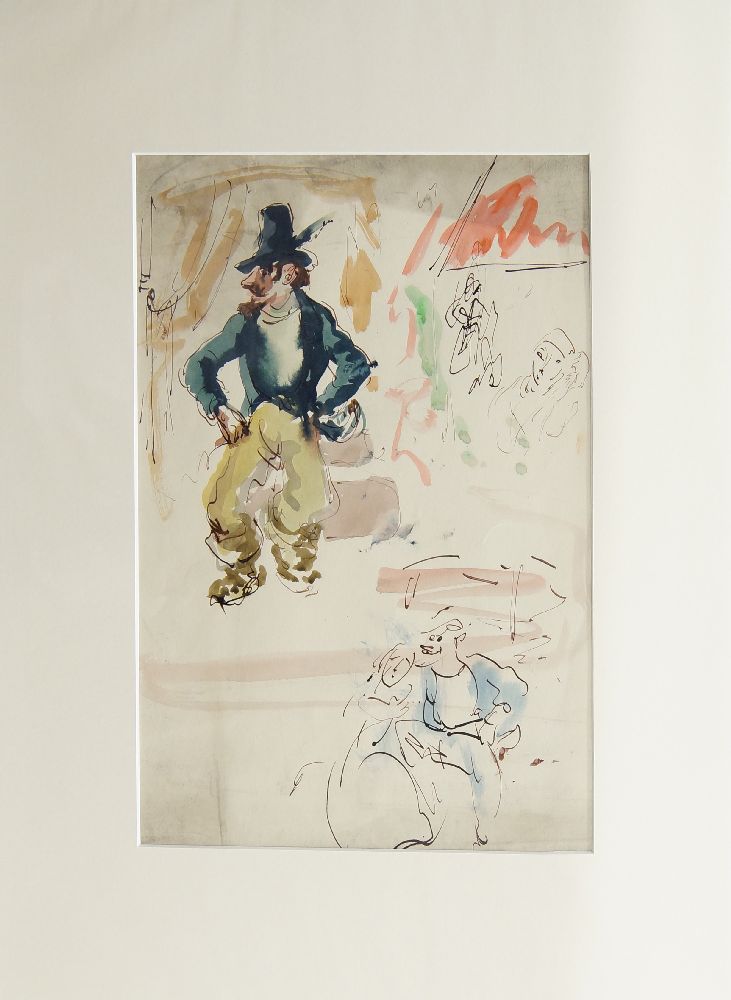 William D. Clyne, Scottish 1922–1981- Study of a man with a feathered hat, and other figures; pen, - Image 2 of 2