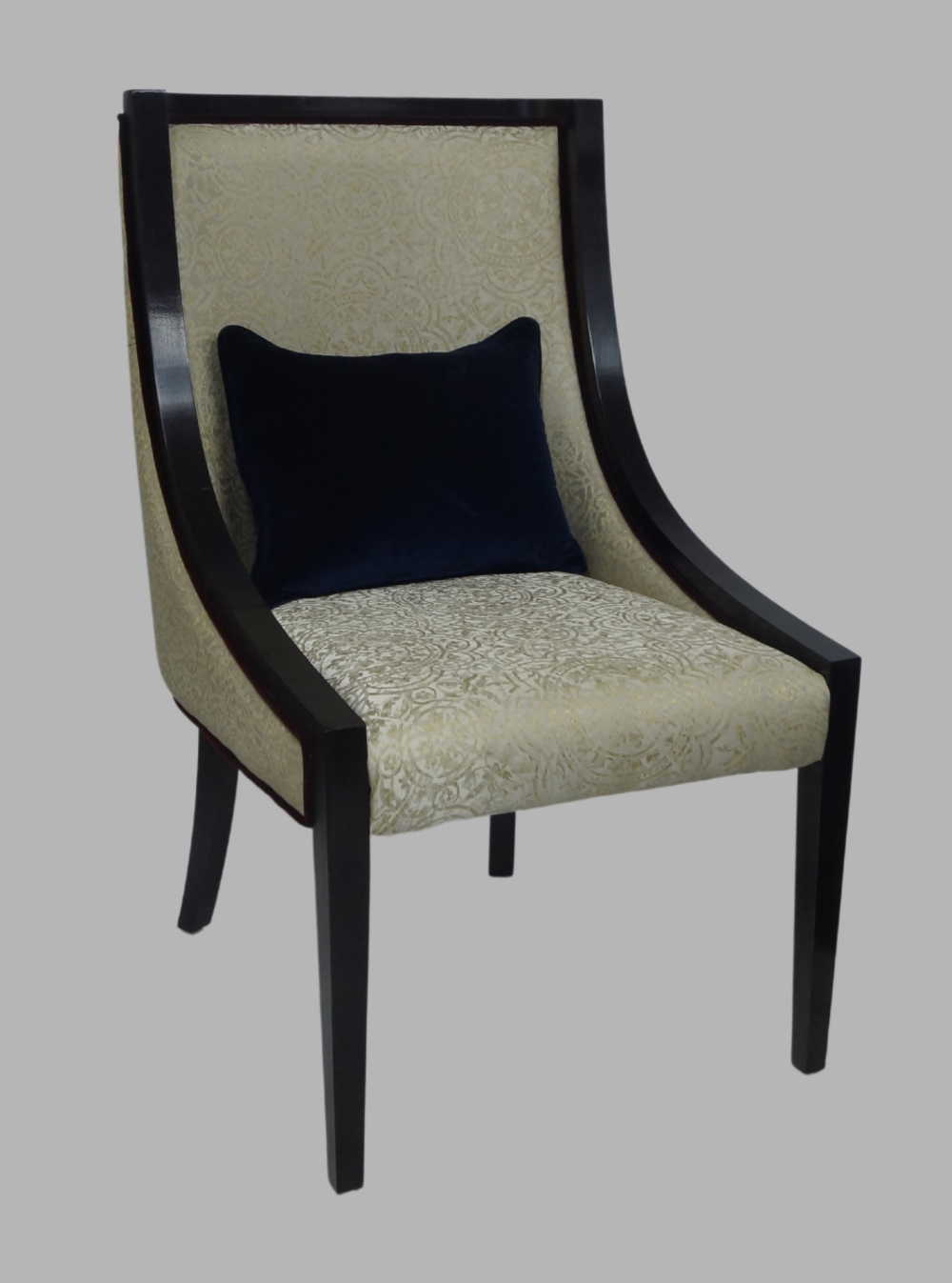 A set of seven contemporary ebonised dining chairs, with cream damask upholstery and red velour - Image 3 of 3