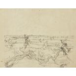 John Wonnacott CBE, British b.1940- Estuary mud flat, boys leaping; pencil on paper, 26.5 x 34.5