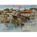 Angelo Iarusso, Italian 1923-1990- Moored boats; oil on canvas, 59.5 x 79.3 cm (ARR)Please refer