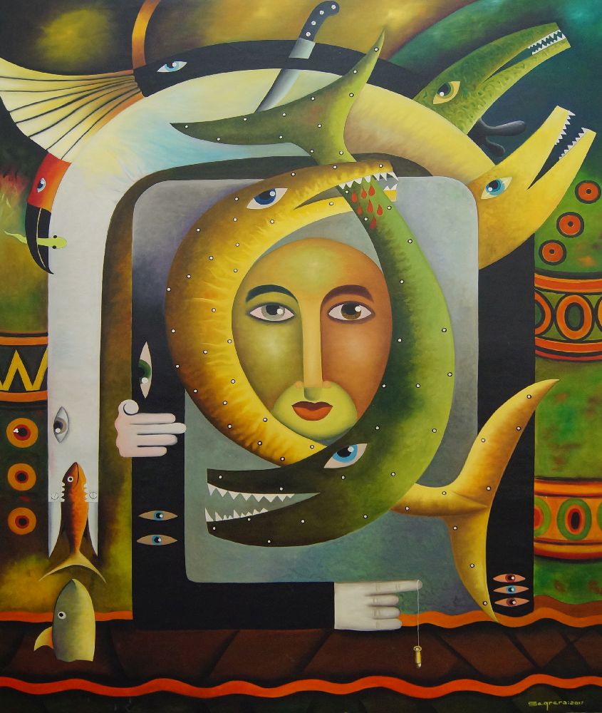 Clemente Segrera, Cuban b.1951- Face with animals, 2017; oil on canvas, signed and dated lower right