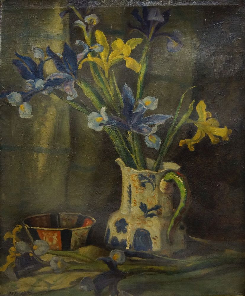 Faith Kenworthy-Browne, British 1882-1973- Daffodils and Irises in a blue and white jug; oil on