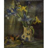 Faith Kenworthy-Browne, British 1882-1973- Daffodils and Irises in a blue and white jug; oil on
