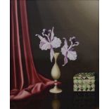 Tilly Moes, German 1899-1979- Still life with purple orchids in a vase; oil on canvas, signed 'Tilly