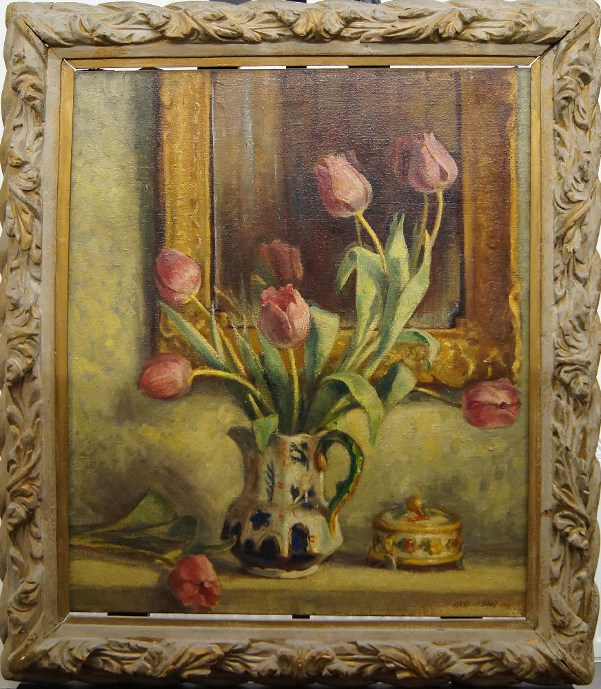 Faith Kenworthy-Browne, British 1882-1973- Flowers before a mirror; oil on canvas, signed with - Image 2 of 3