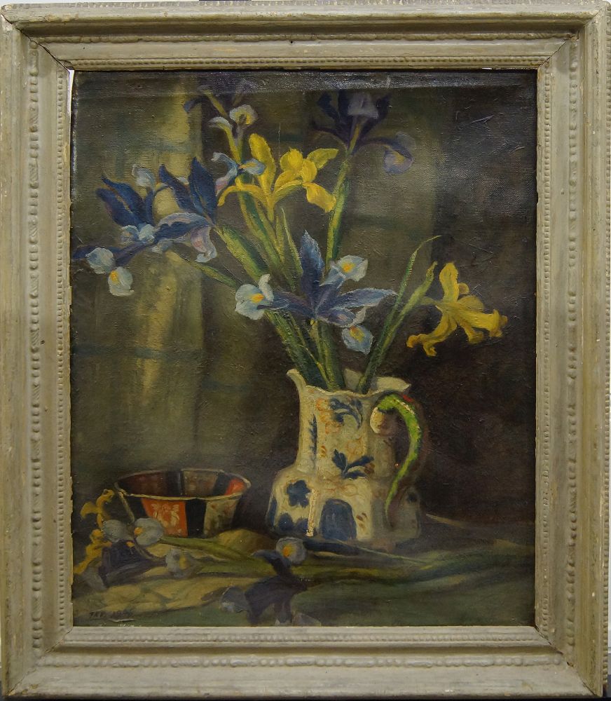 Faith Kenworthy-Browne, British 1882-1973- Daffodils and Irises in a blue and white jug; oil on - Image 2 of 6