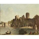 Bertram Nicholls, British 1883-1975- Ruined castle on the banks of a river; oil on canvas, signed to