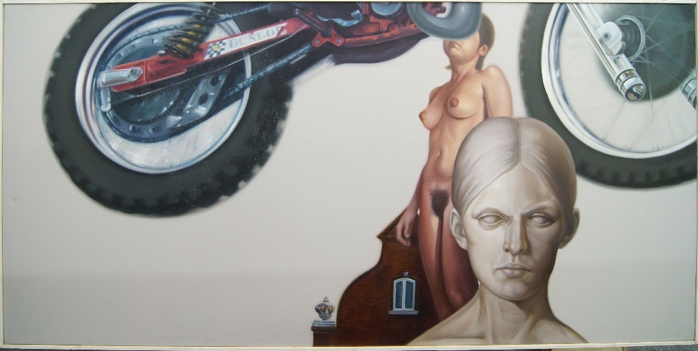 American School, 20th century- Motorbike with nude; oil on canvas, 91 x 183 cm Please refer to