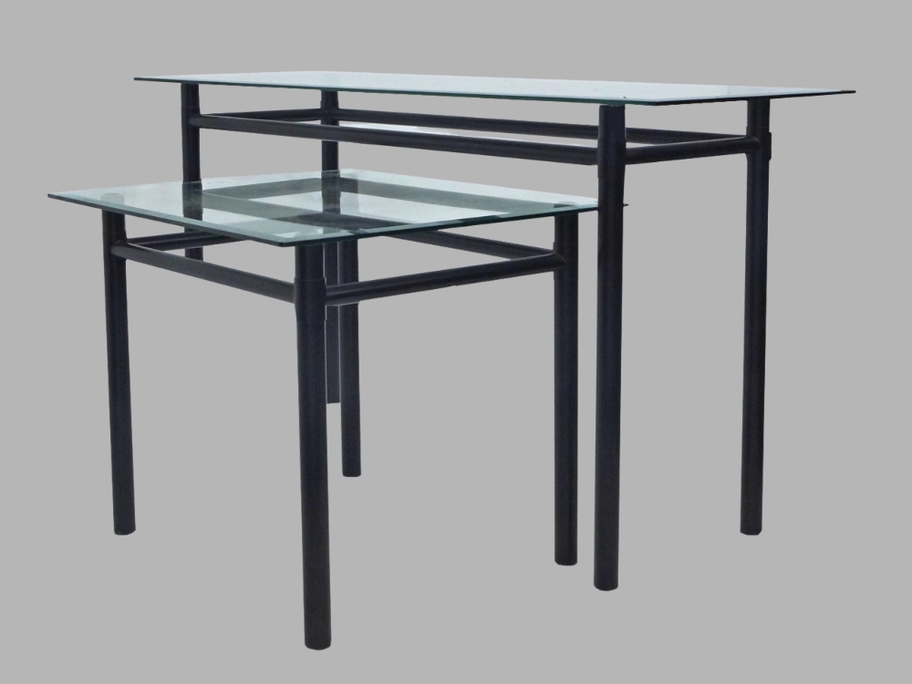 A black steel console table with glass top, 67cm high, 127cm wide, 45cm deep, together with matching