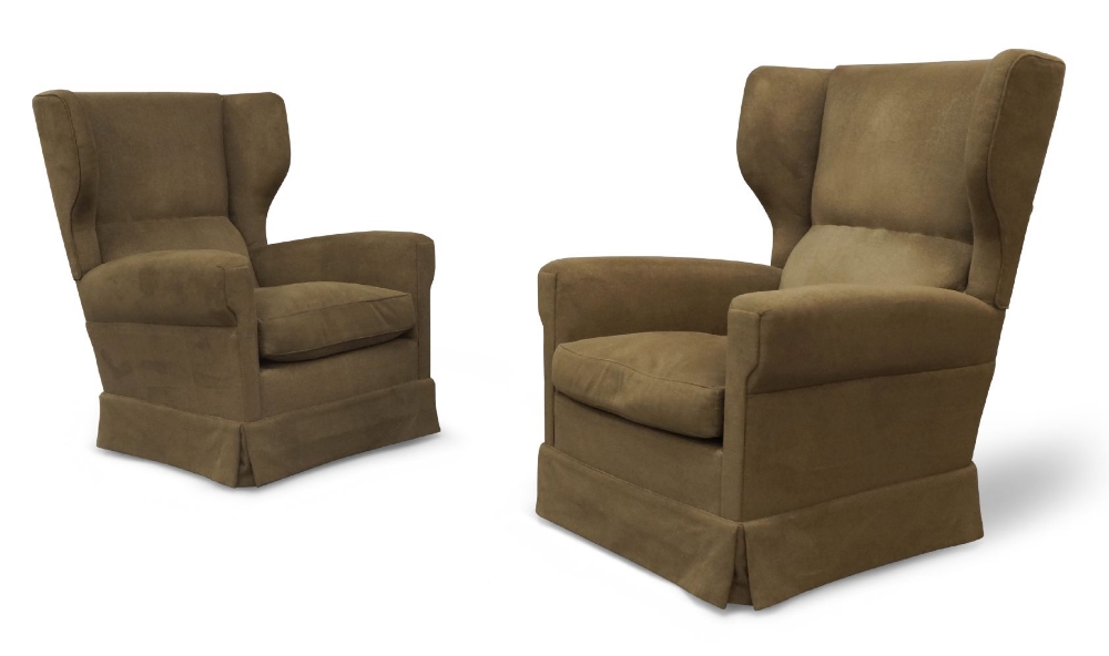 Attributed to Paolo Buffa (1903-1970), a pair of wingback lounge chairs, c.1950, green fabric,