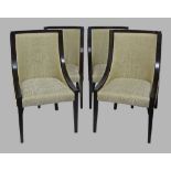 A set of seven contemporary ebonised dining chairs, with cream damask upholstery and red velour