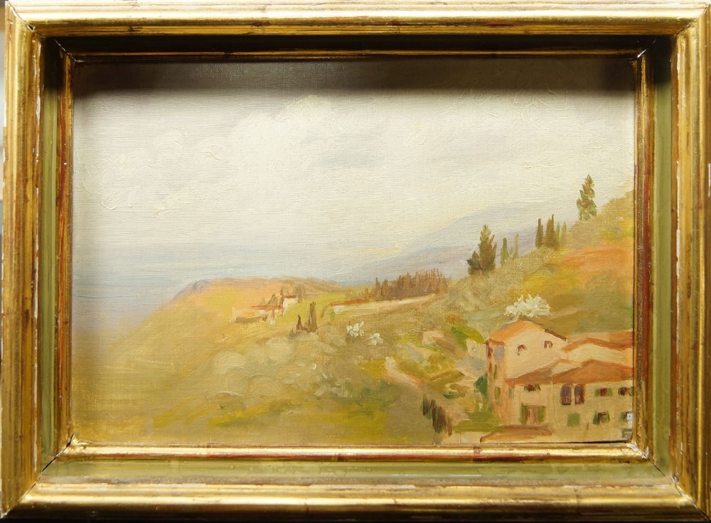 British School, early/mid 20th century- View of a landscape with cypresses; oil on canvas, bears - Image 2 of 3