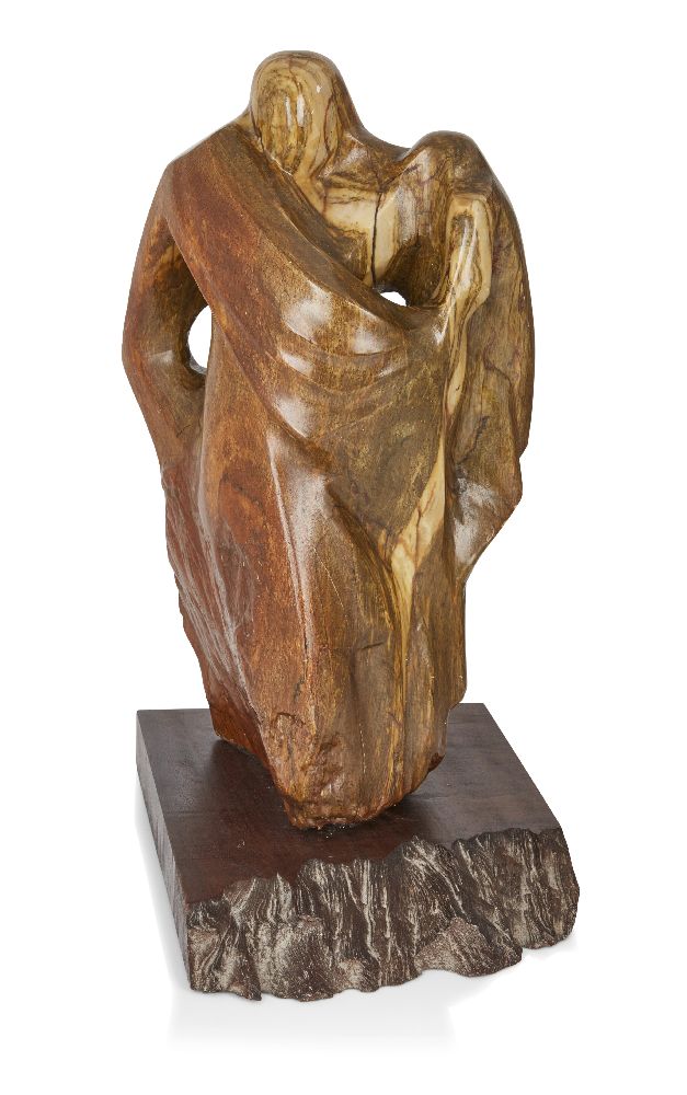 South African School, Abstract figural group, 1978, Variegated stone, hardwood plinth, Signed with