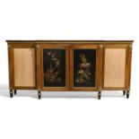 A Regency rosewood breakfront side cabinet, c.1820, parcel gilt with gilt metal mounts, painted m...