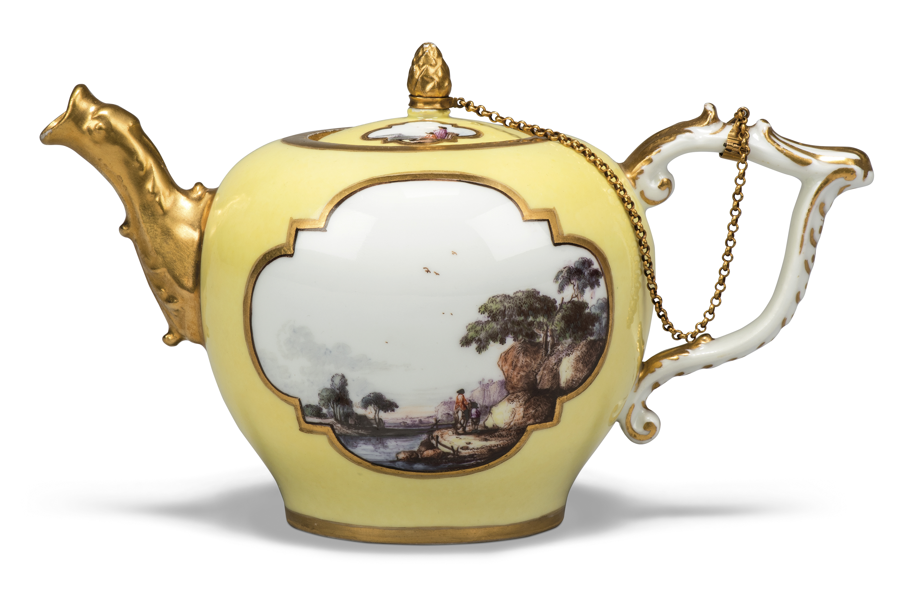 A Meissen porcelain gilt-metal mounted yellow-ground bullet-shaped teapot and cover - Image 2 of 5