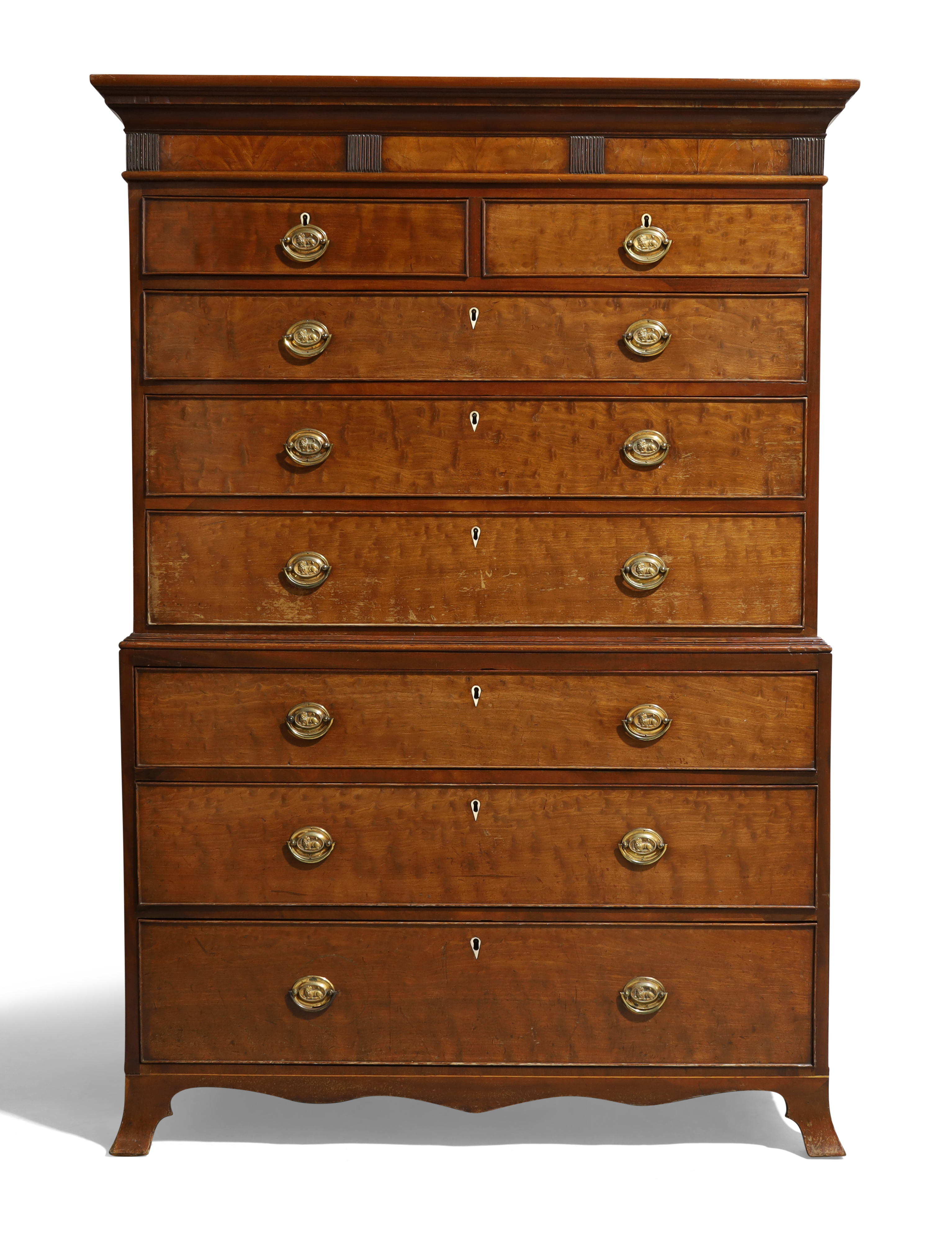 A George III mahogany chest-on-chest, c.1780, the moulded stepped cornice above an arrangement of...