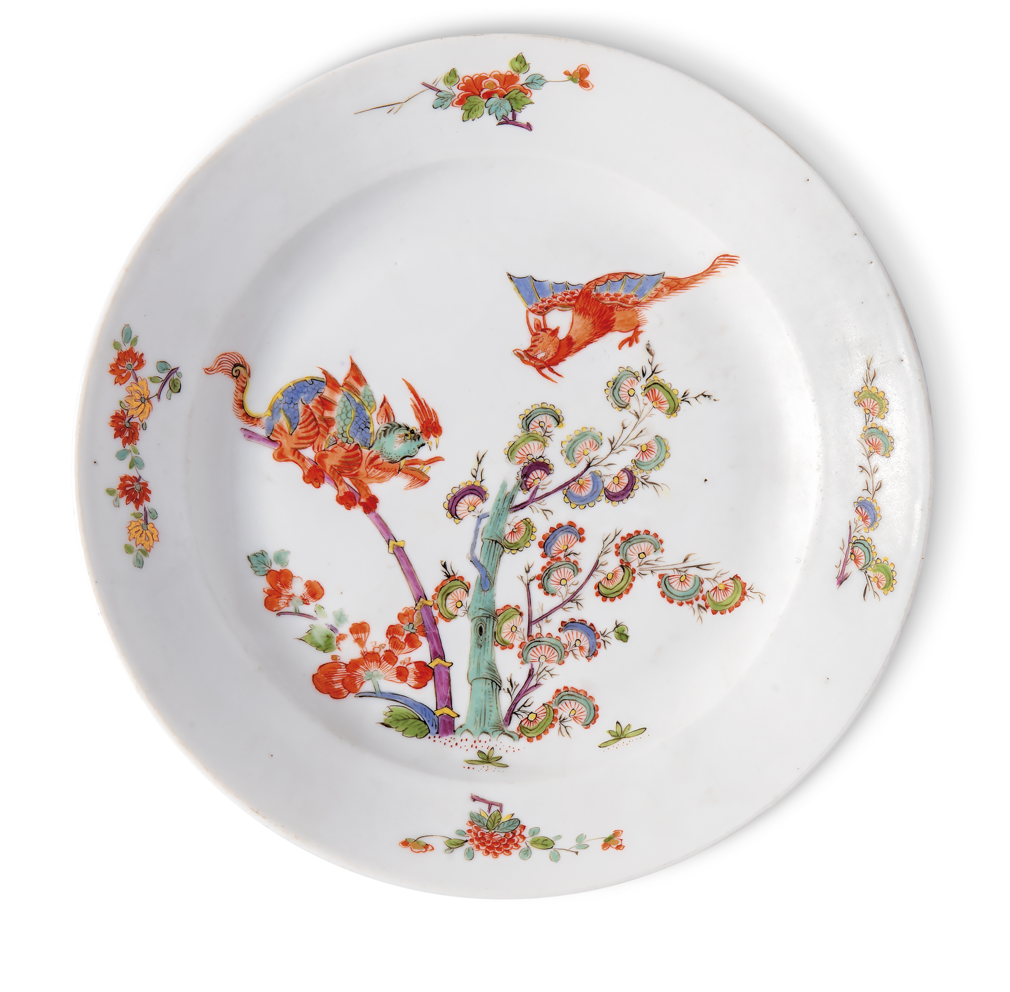 A Meissen porcelain Kakiemon plate, c.1735, blue crossed swords mark, Drehers impressed double ci...