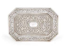 An elongated octagonal Kutch style tray with foliate scroll pierced border