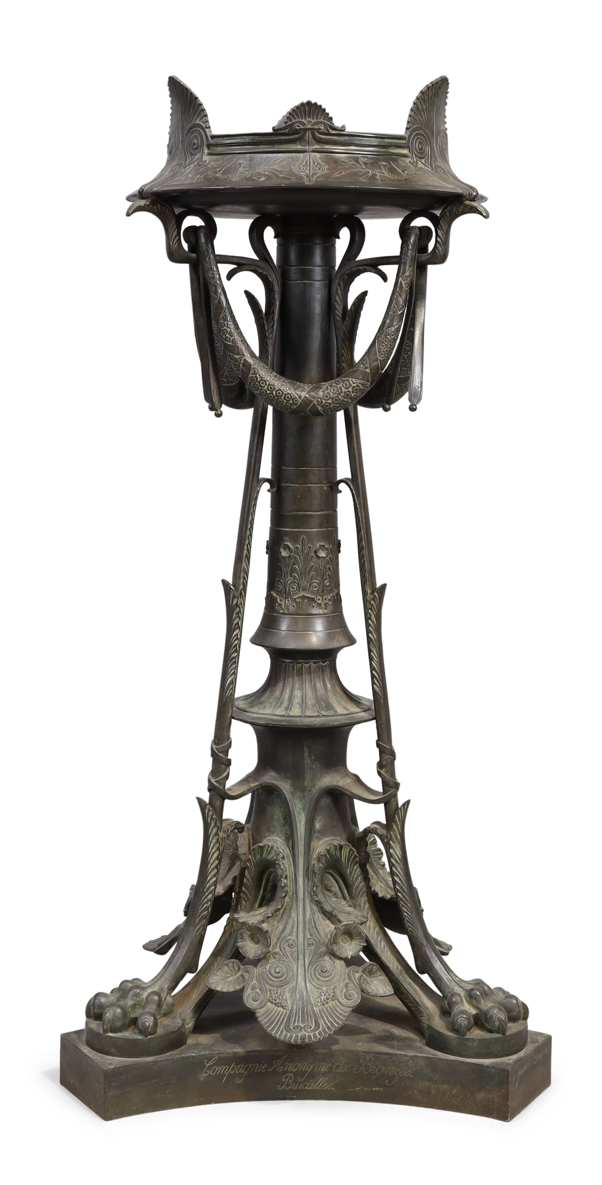 A large Belgian bronze torchere stand, c.1870, after a model by Jacques-Louis Gautier, cast by Co...