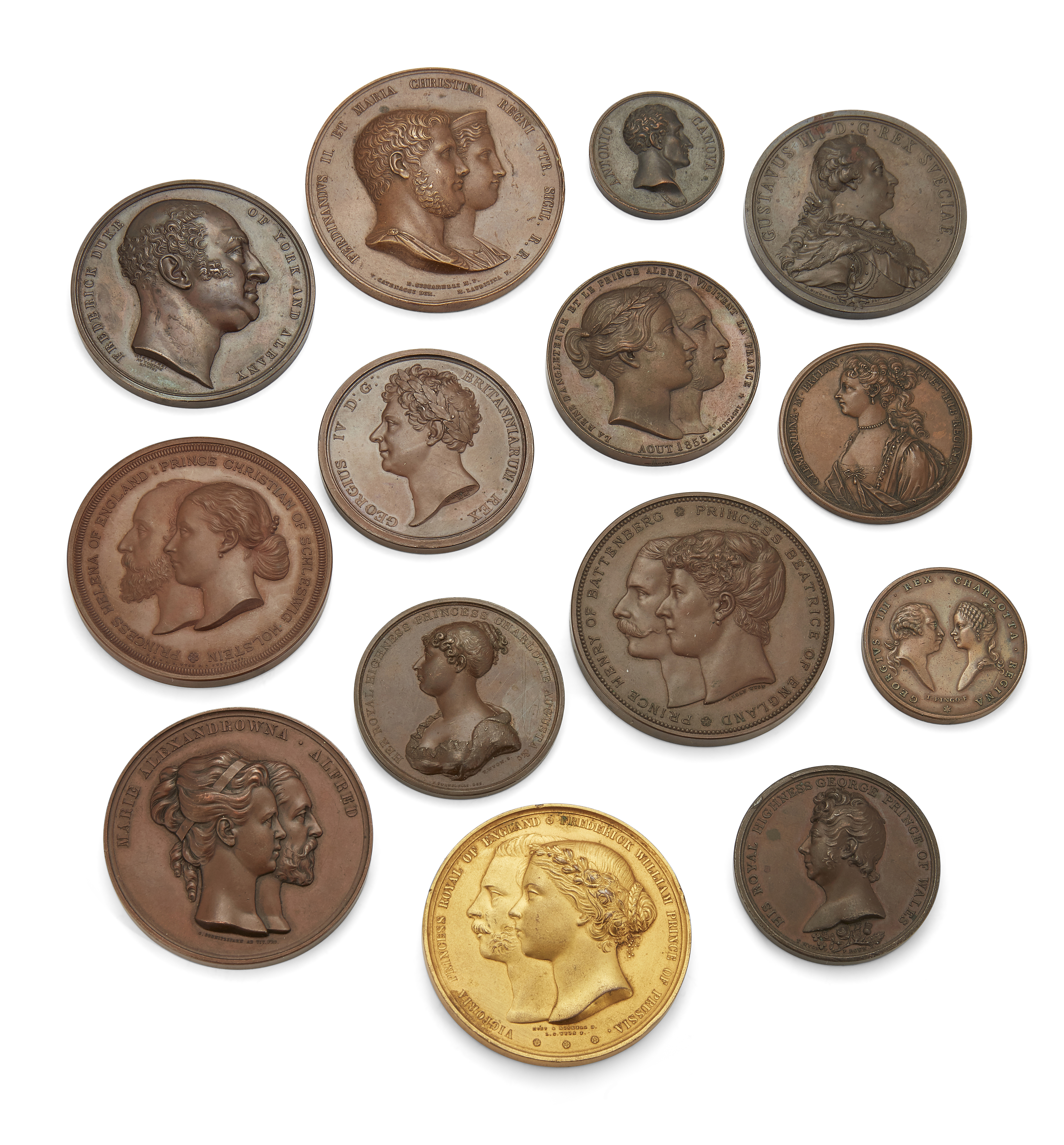 A collection of bronze medallions, to include: one with conjoined busts of Marie Alexandrowna and...