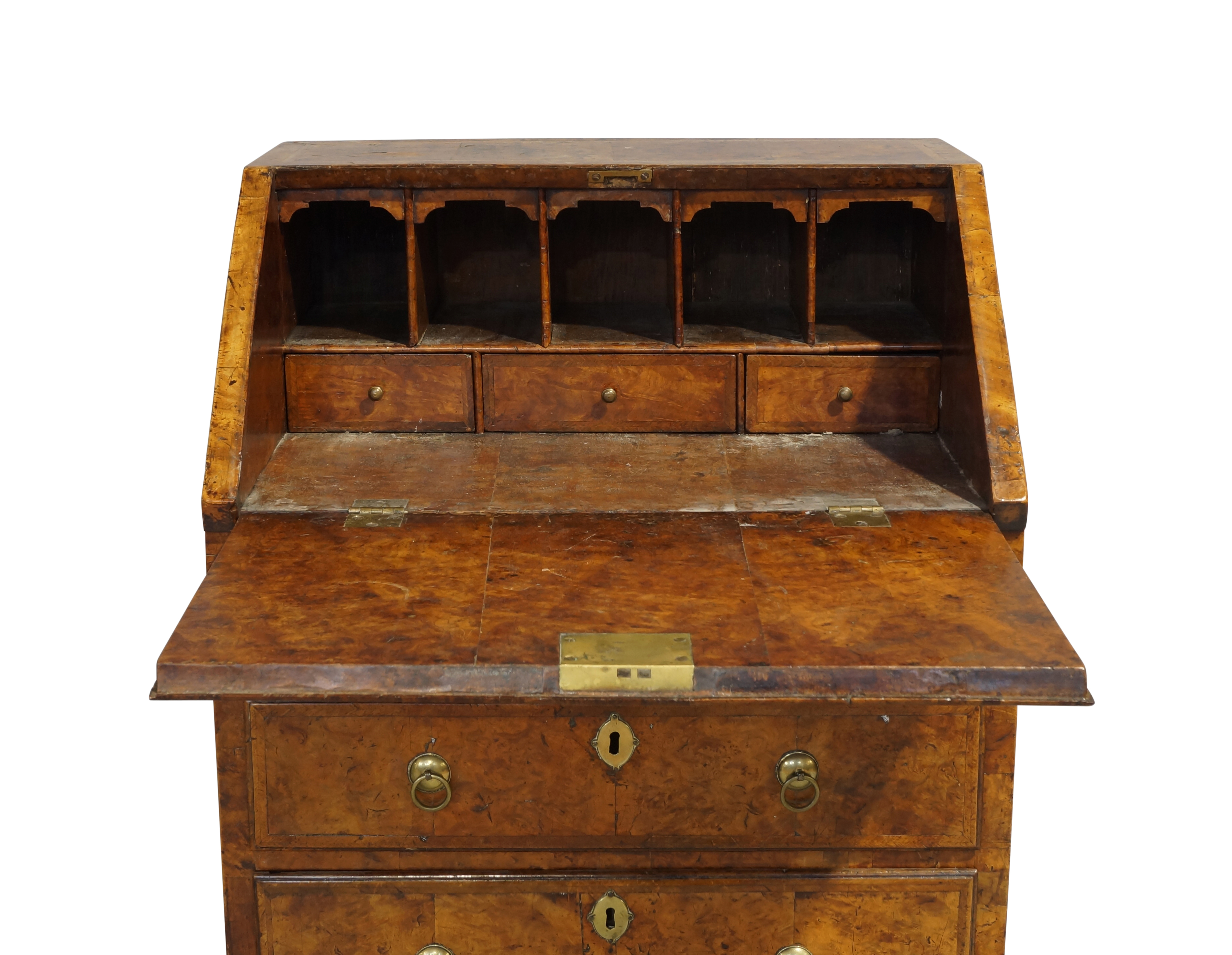 A George II walnut bureau, c.1740, of small proportions, the hinged fall front enclosing pigeon h... - Image 3 of 3