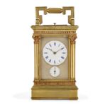 A French gilt-brass repeating carriage clock, late 19th century, the architectural case with corn...