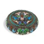 A Russian cloisonne enamel snuff box, Moscow, c.1880, Ivan Saltykov, 84 standard, of circular for...