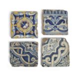 Four Iberian tiles, 17th century, the diamond point pattern tile probably Portuguese, the first w...