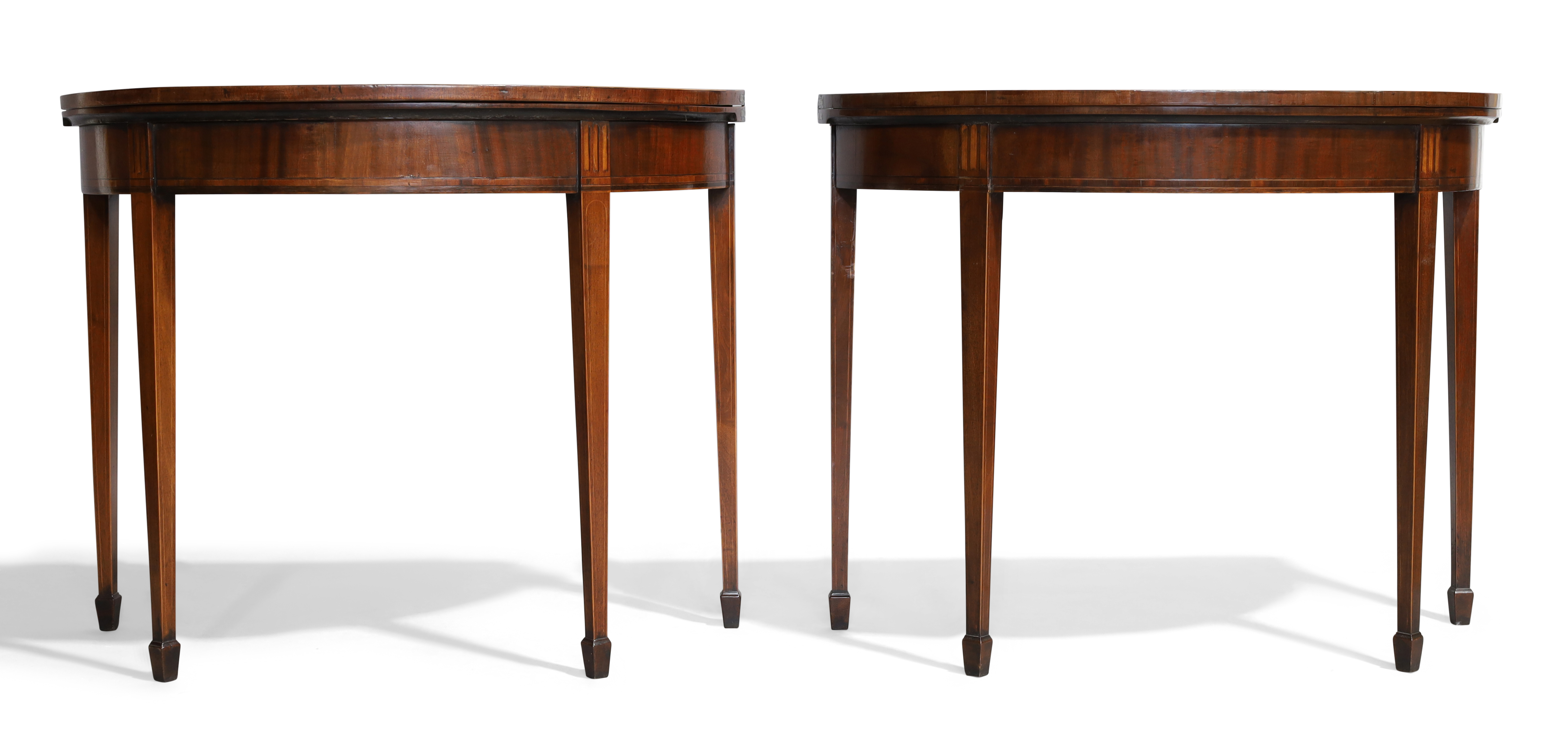 A pair of George III mahogany and satinwood crossbanded demi-lune card tables