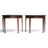 A pair of George III mahogany and satinwood crossbanded demi-lune card tables