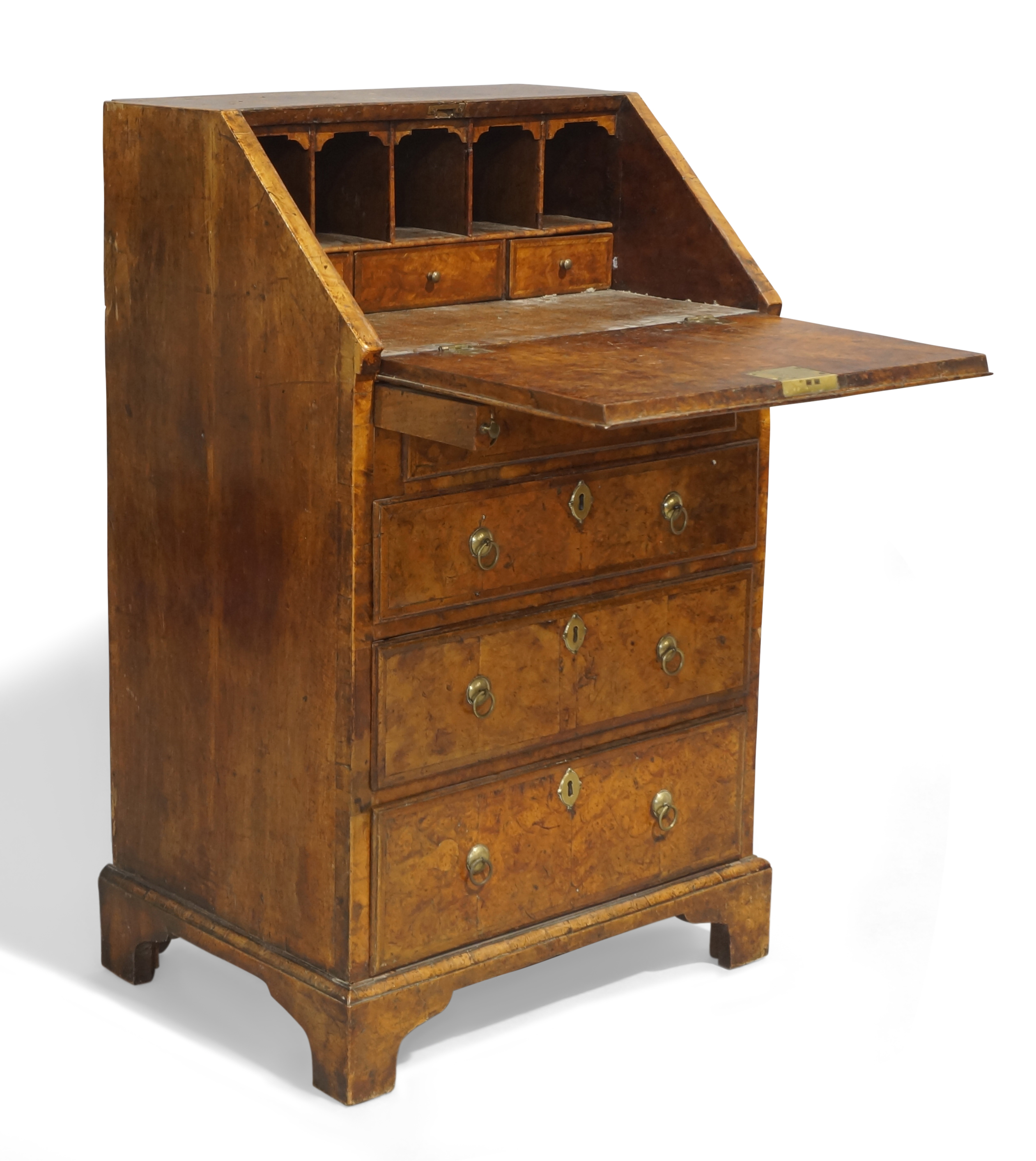 A George II walnut bureau, c.1740, of small proportions, the hinged fall front enclosing pigeon h... - Image 2 of 3