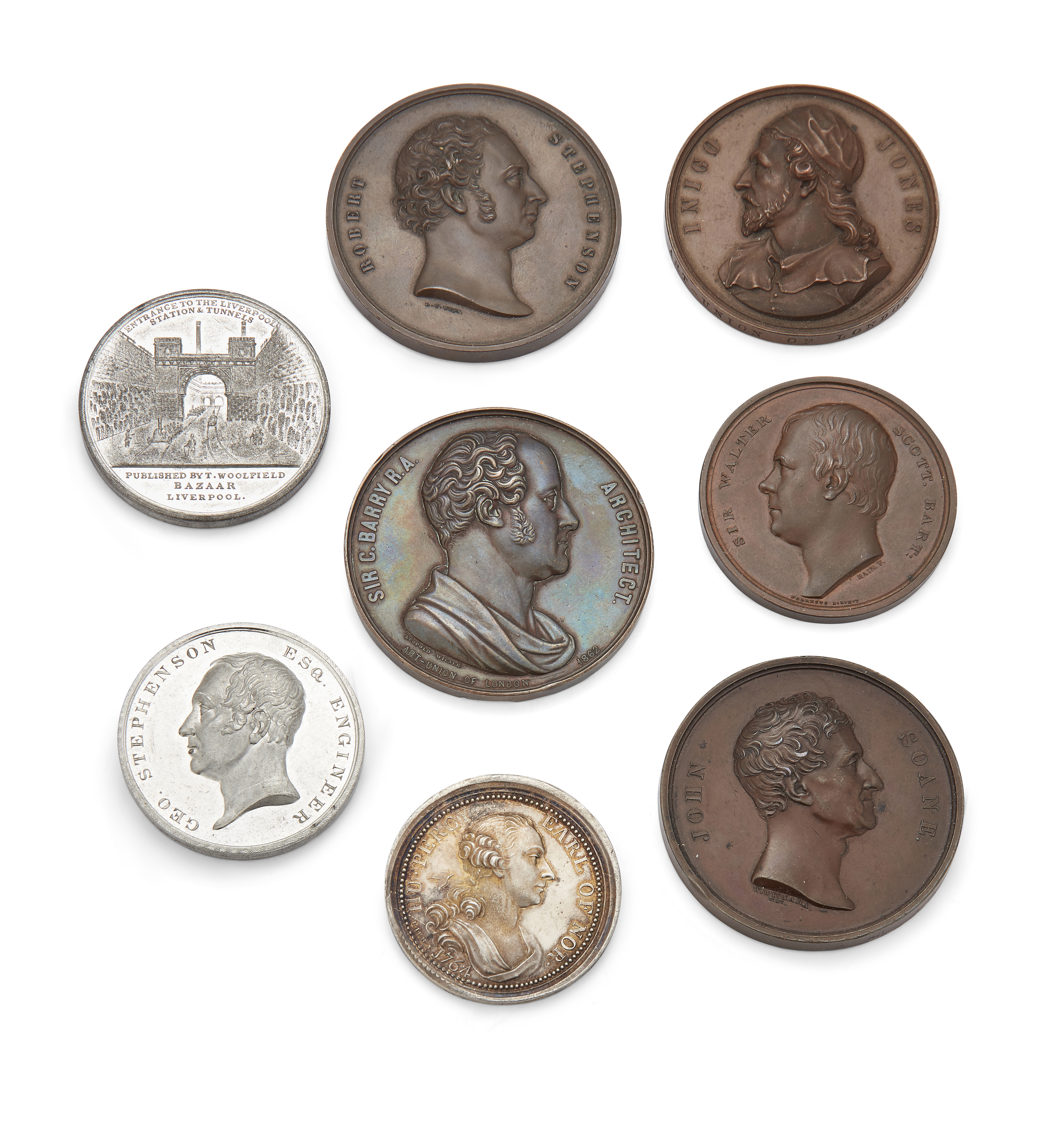 A collection of bronze commemorative medallions, comprising: Robert Stephenson, by L. C. Wyon, 18...