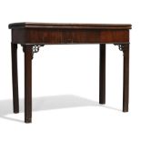 A George III mahogany card table, c.1770, the rectangular hinged top enclosing green felt baize, ...