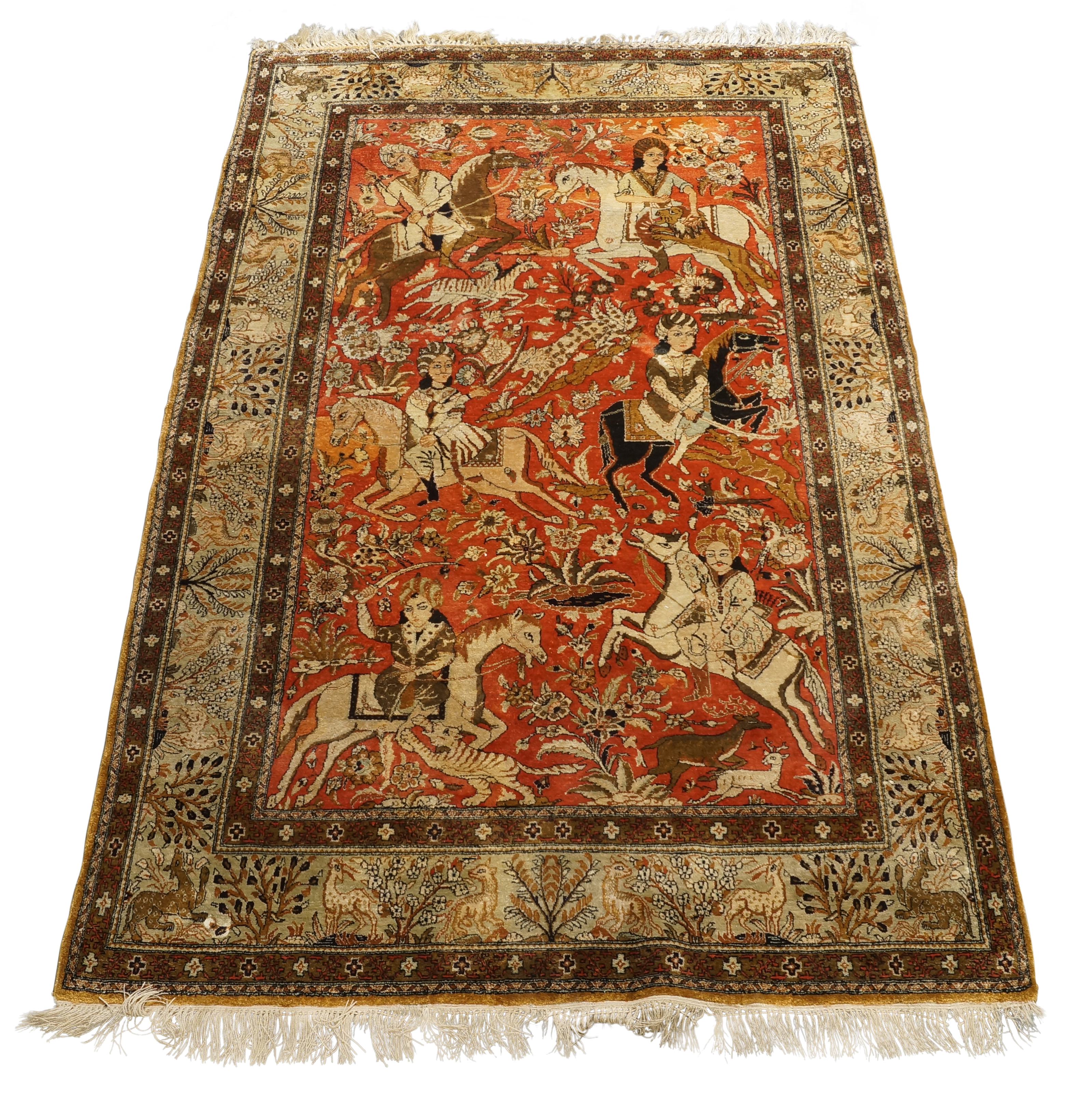 A Persian Tabriz pictorial part silk rug