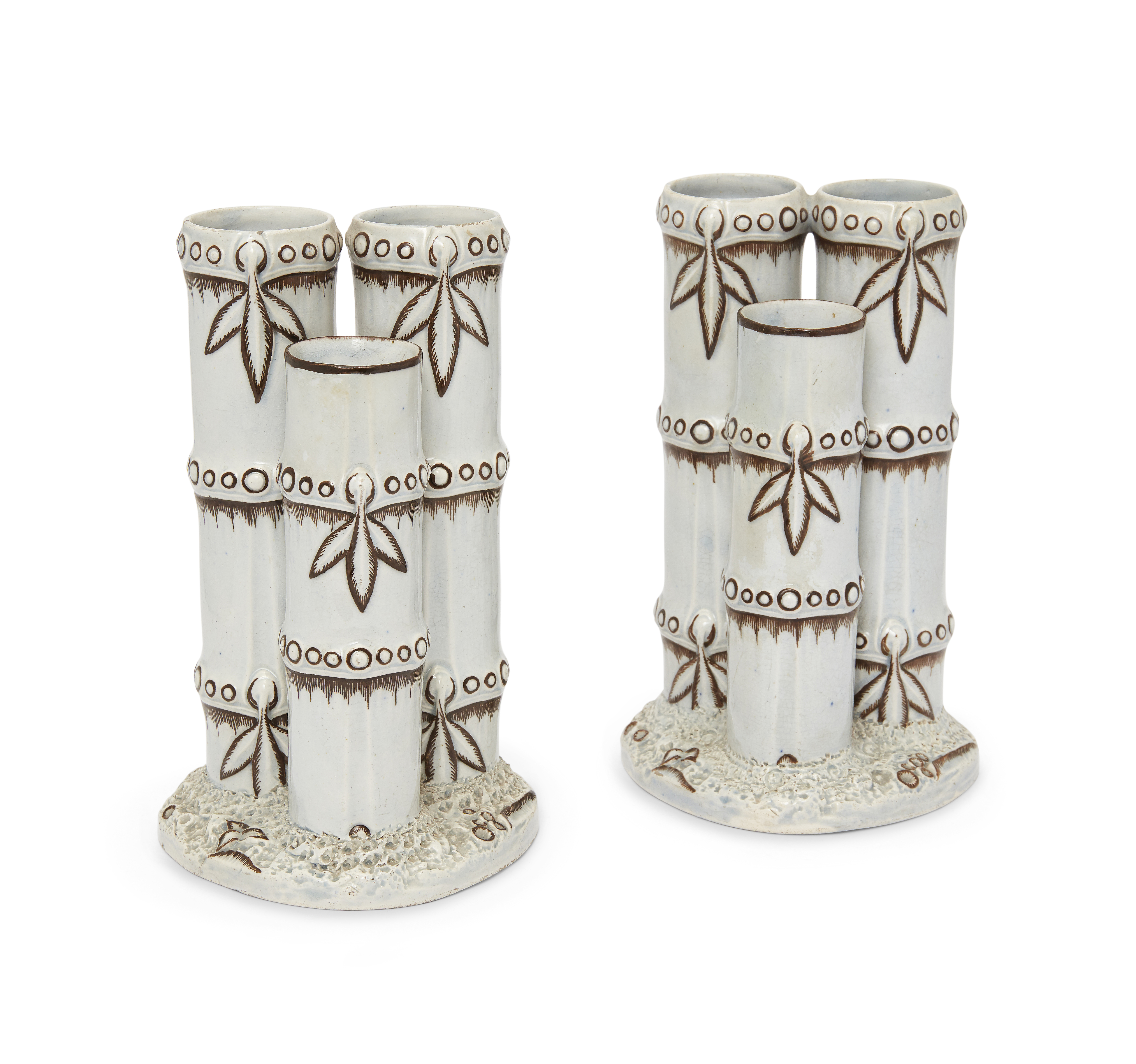 A pair of English simulated bamboo pottery spill vases