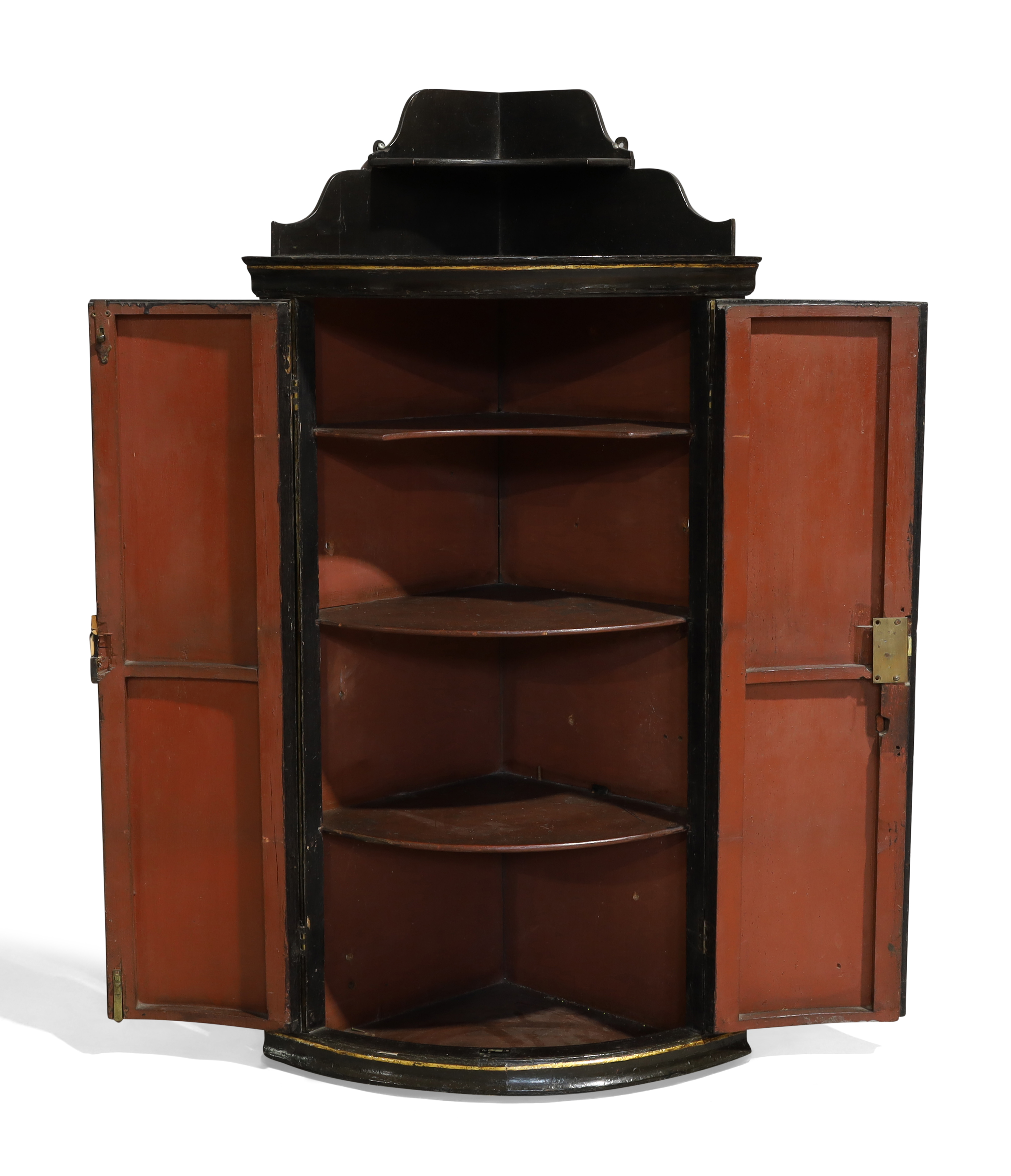A Queen Anne black japanned bowfront hanging corner cupboard - Image 2 of 3