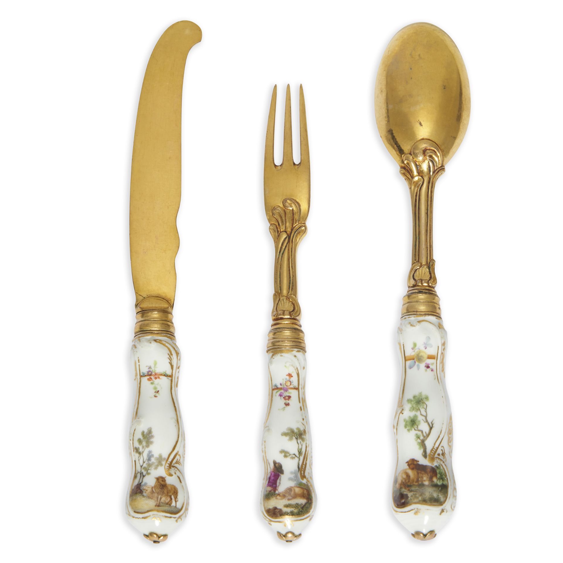 A set of Berlin (K.P.M.) porcelain silver-gilt mounted cutlery handles, c.1770, painted with shep... - Image 3 of 5
