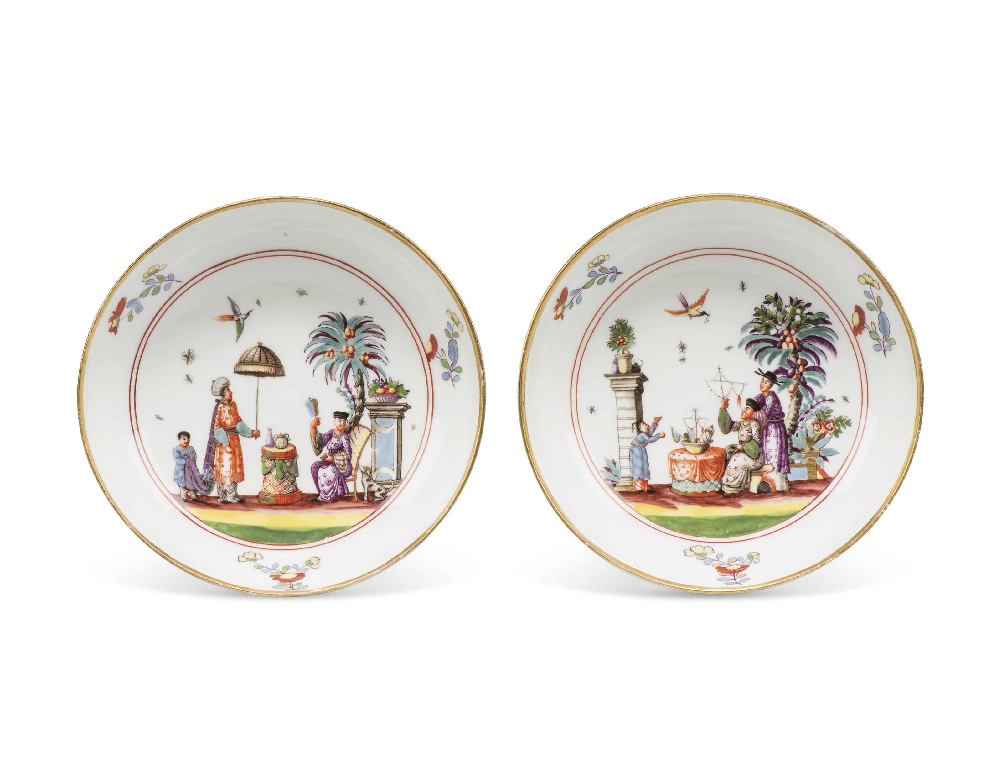 A pair of Meissen porcelain tea bowls and saucers, circa 1735, blue crossed swords marks, Drehers... - Image 3 of 6