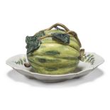 A Göggingen fayence melon tureen and cover with fixed stand, third quarter 18th century, manganes...