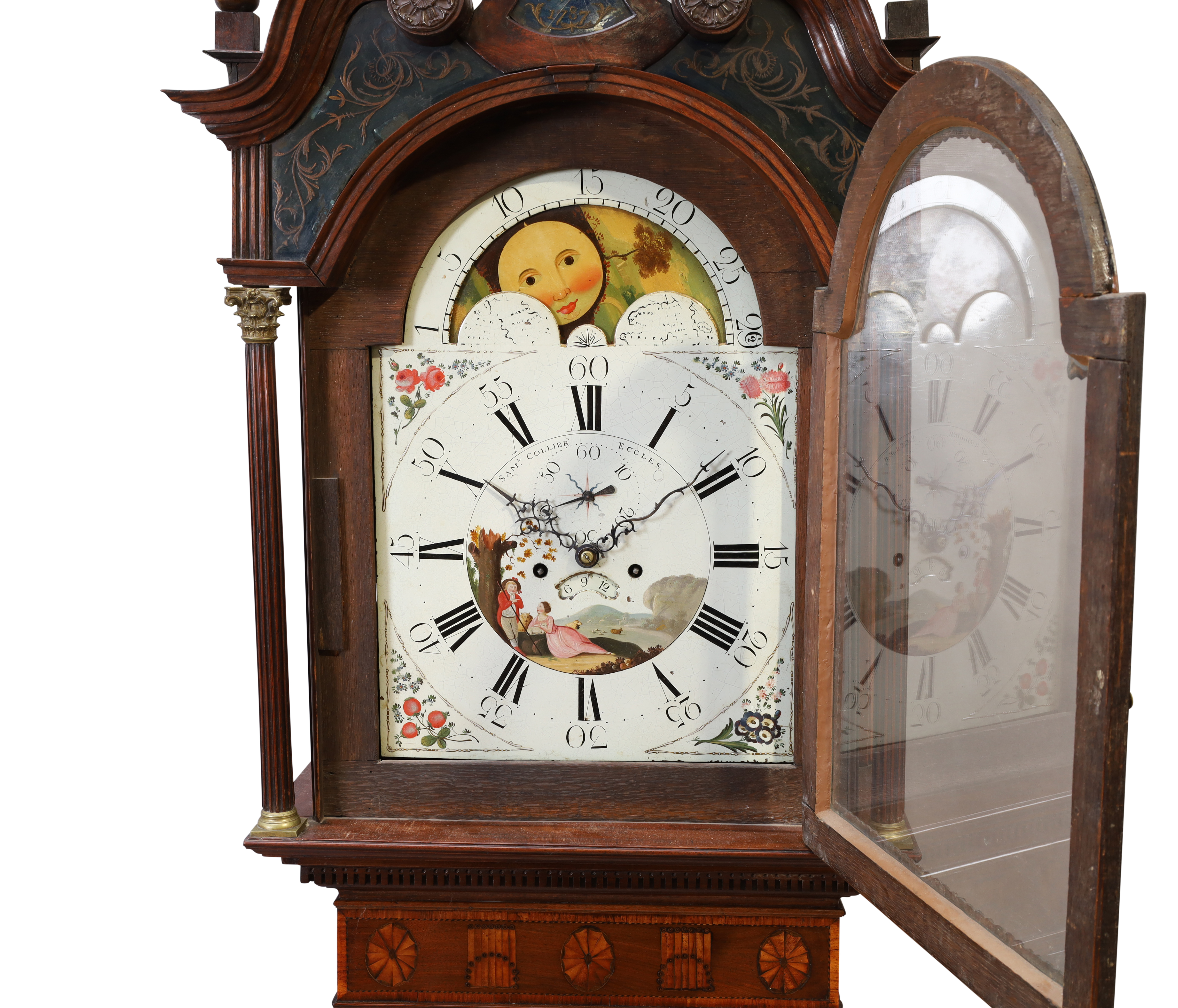 A George III inlaid mahogany longcase clock, late 18th century, the elaborate broken swan neck pe... - Image 2 of 6