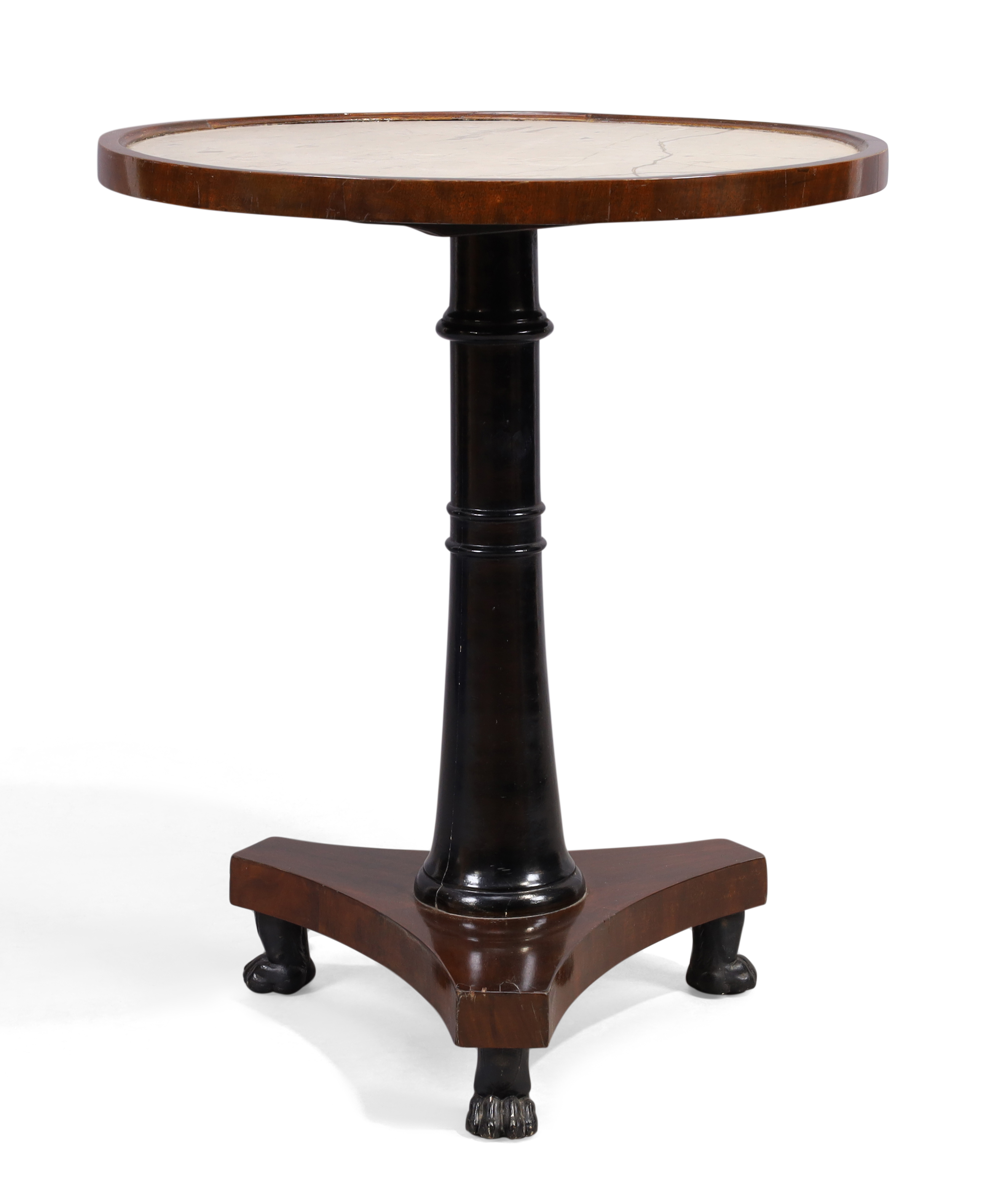 A French mahogany and ebonised occasional table, last quarter 19th century, the circular marble t...