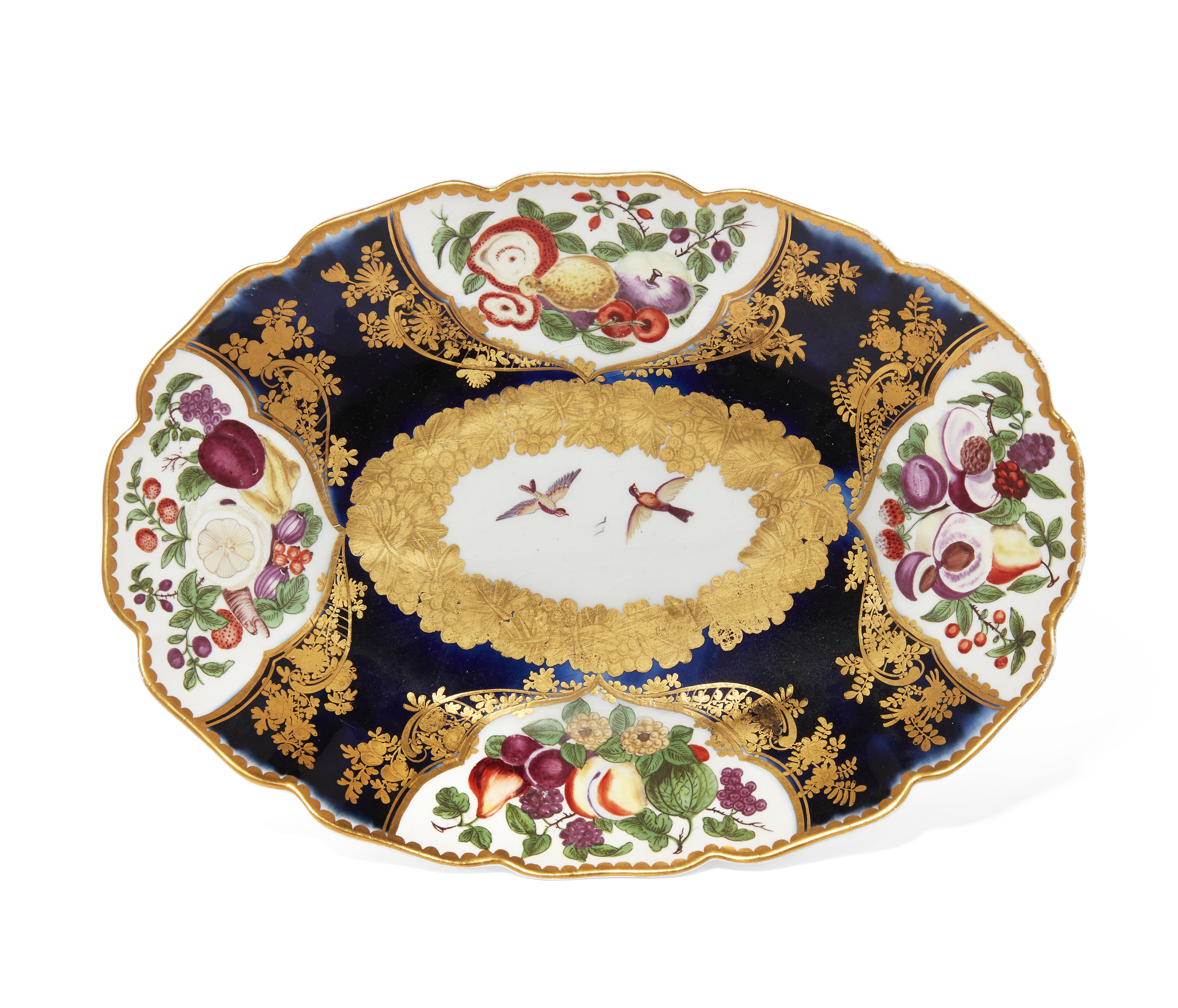 A Chelsea porcelain mazarine blue-ground oval dessert-dish, c.1765, gold anchor mark, reserved wi...