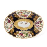 A Chelsea porcelain mazarine blue-ground oval dessert-dish, c.1765, gold anchor mark, reserved wi...