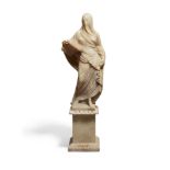 An Italian alabaster model of veiled lady, late 19th century, depicted contrapposto, holding an o...