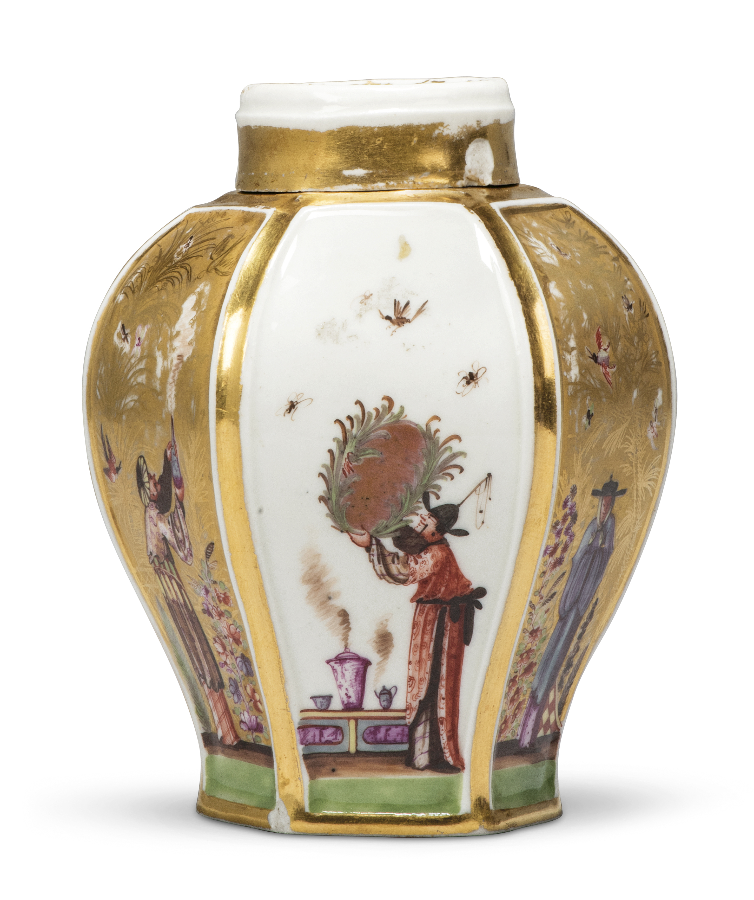 A Meissen porcelain hexagonal chinoiserie tea caddy and cover, probably c.1728, finely painted wi... - Image 2 of 5