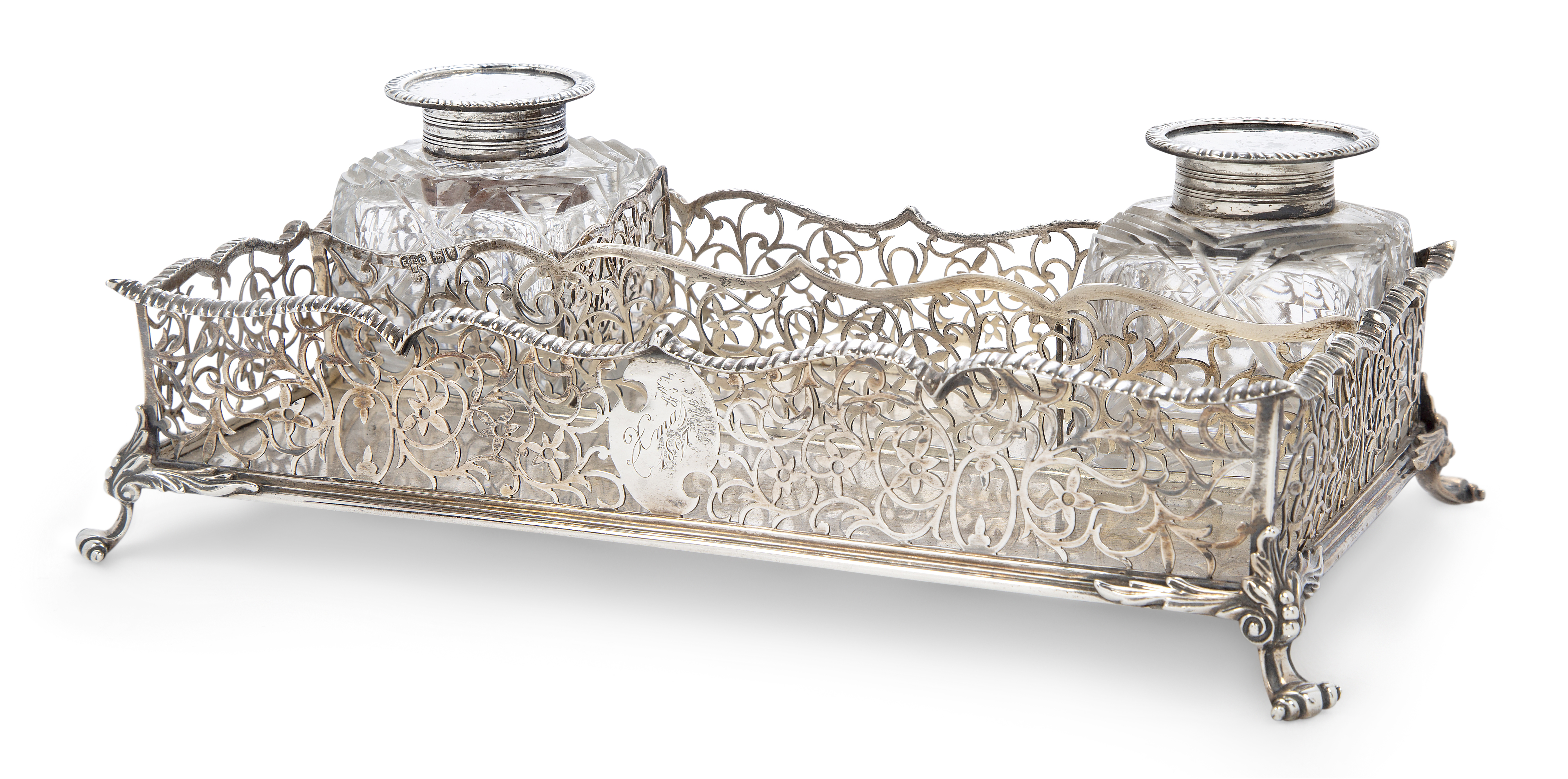 A Victorian silver gallery inkstand, London, 1896, Elkington & Co., of rectangular form, on four ...