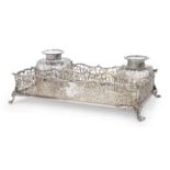 A Victorian silver gallery inkstand, London, 1896, Elkington & Co., of rectangular form, on four ...